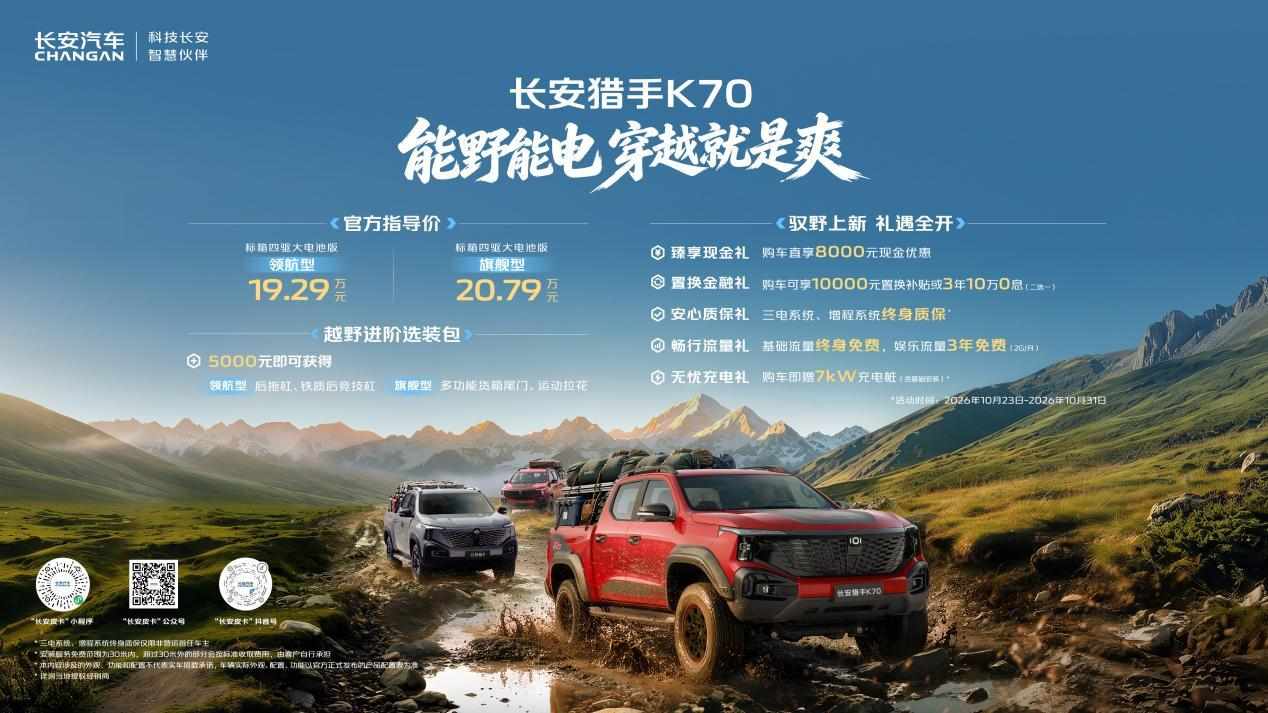 全球首款增程越野皮卡上市，长安猎手K70售19.29万元起