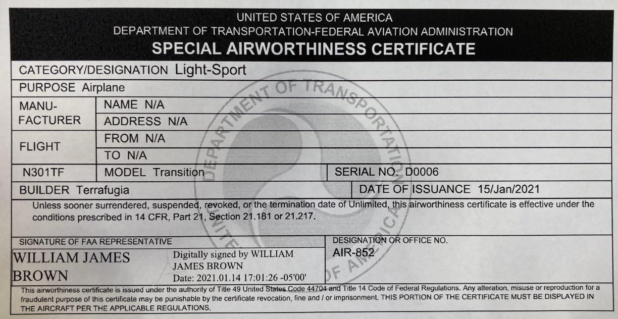 控股官方宣布太力飞车tf-1,获得了美国联邦航空局(faa)颁发的适航证书